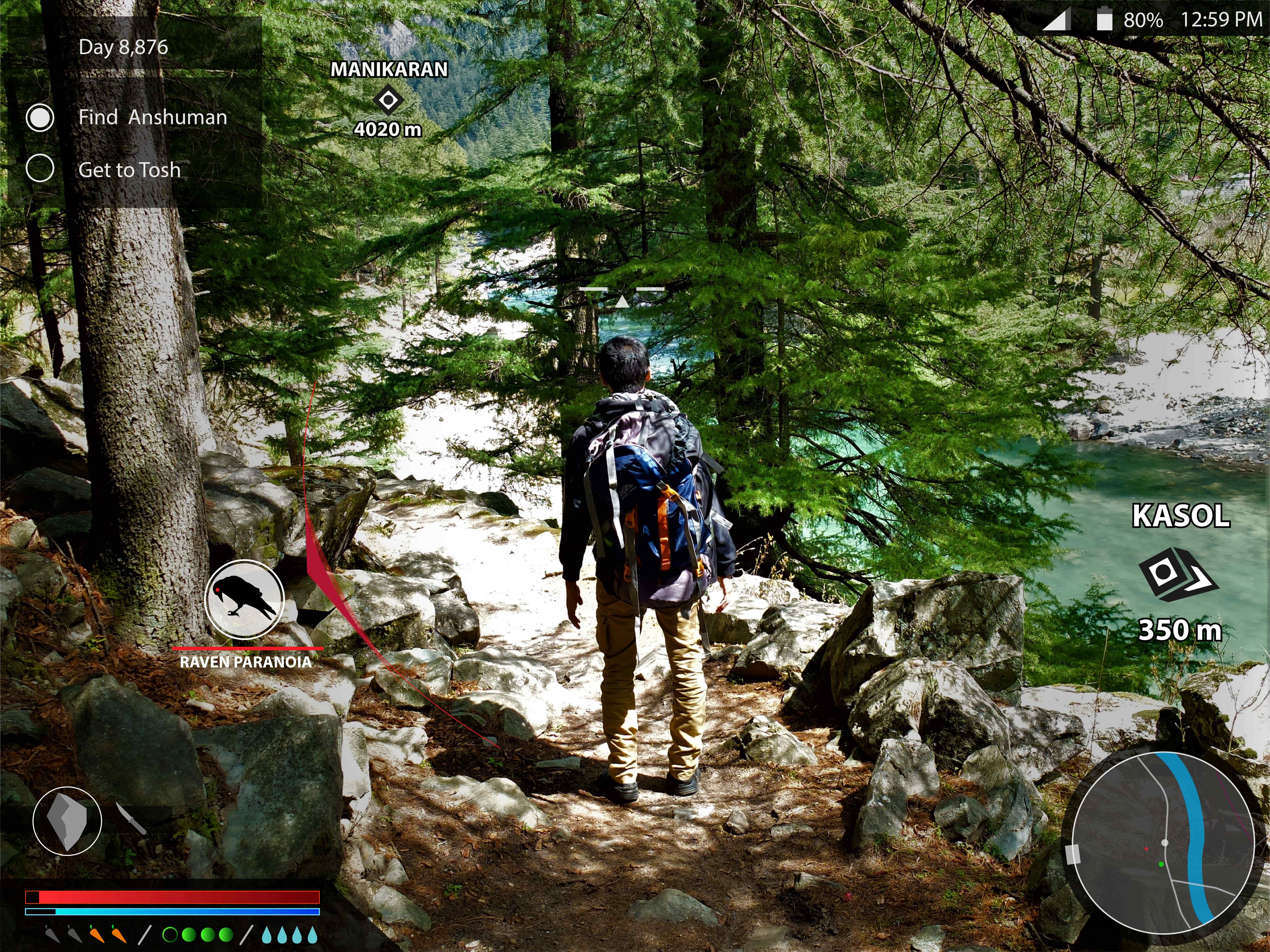 image of a real life backpacking adventure visualized as a third person open world game